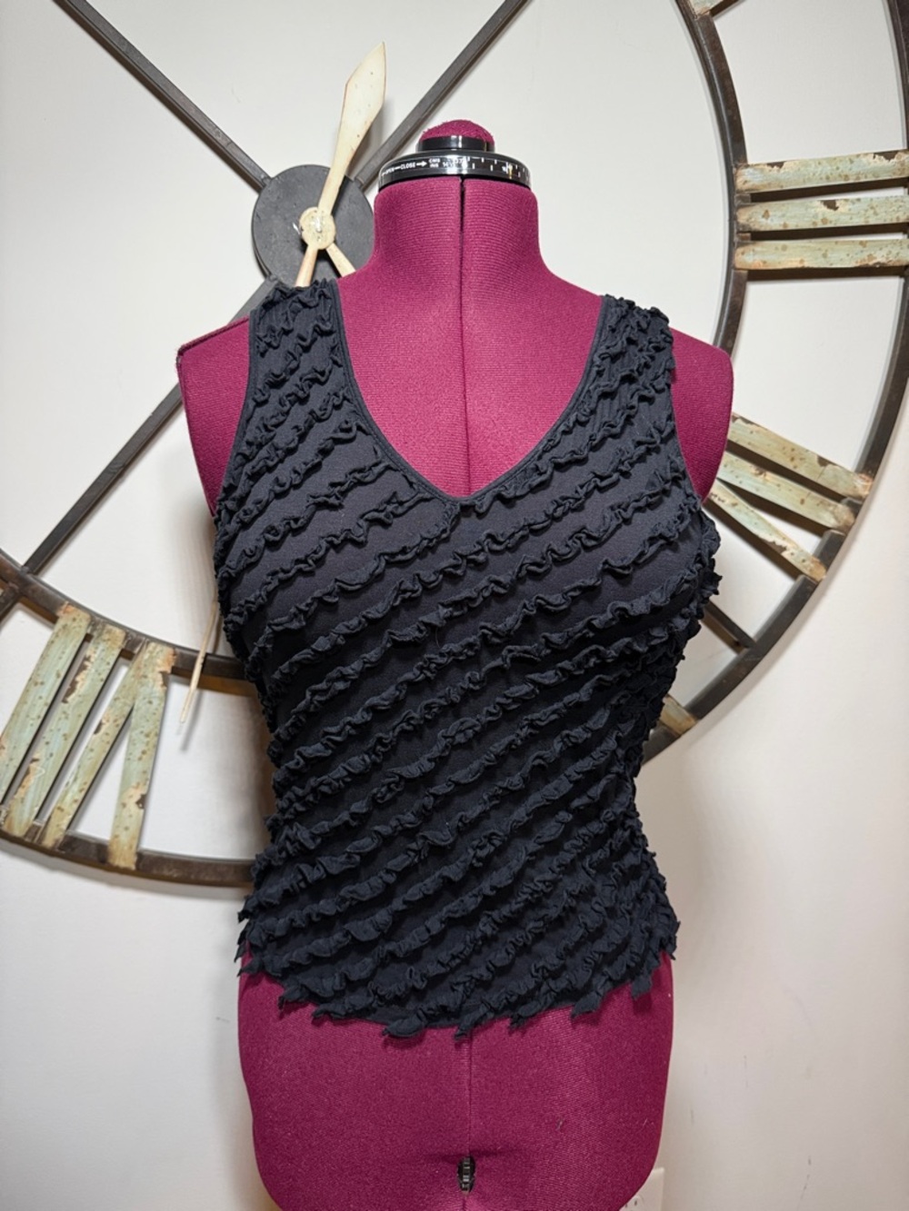 INC Petite Black Ruffled Tank Top - Textured V-Neck